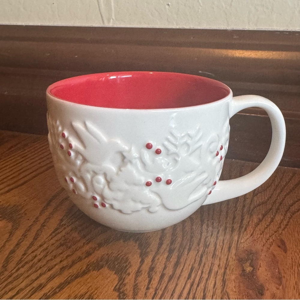Starbucks 2008 Holiday White Red Embossed Mug Doves Deer Holly Berry Trees 12 oz